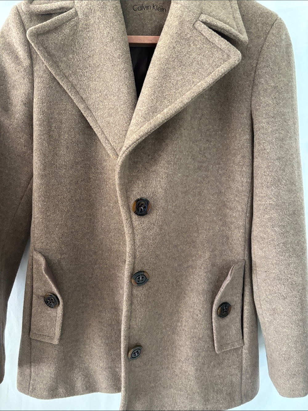 Calvin Klein Woman’s Tan Wool Peacoat Great Shape 69% Wool.